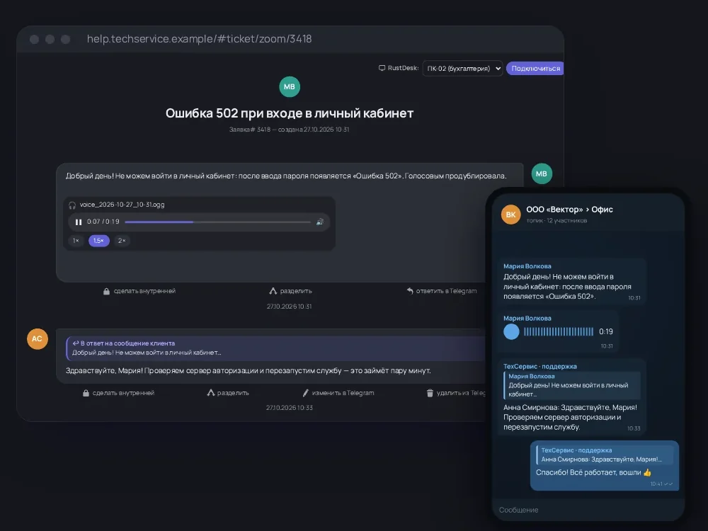 Заявка из Telegram в доработанном Zammad